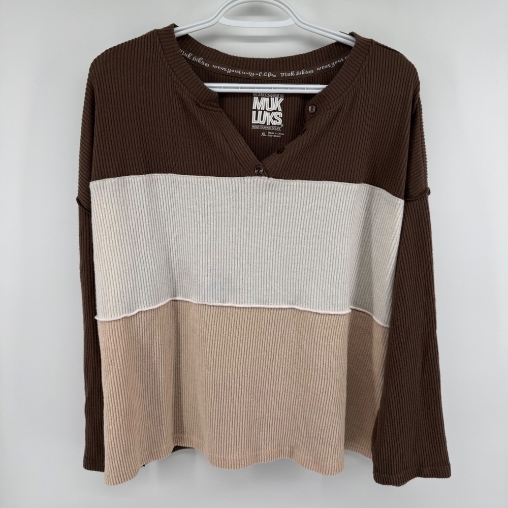 Muk Luks Women XL Colorblock Ribbed Henley Top Brown Cream Oversized Long Sleeve